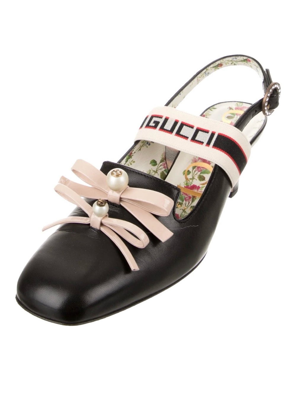 🌺 Gucci Buffy Black Leather Slingback Pumps with Pink Bow and Pearl Detail